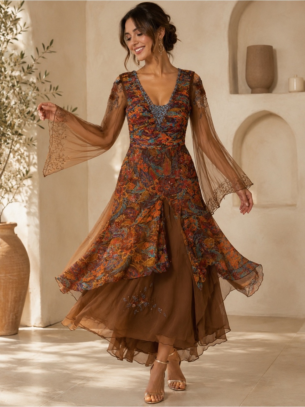 Bohemian Brown Floral Maxi Dress with Sheer Bell Sleeves